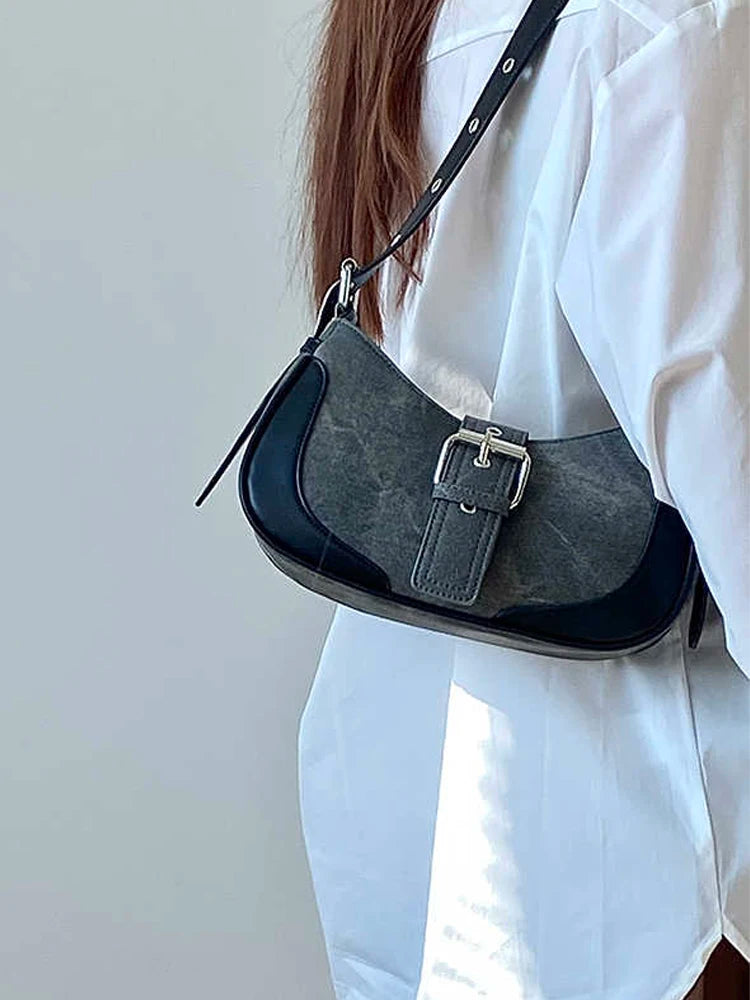 Retro Black Grey Underarm Bag for Women French Versatile Cool Girls Moto One Shoulder Bags Temperament Commuter Handbags Trend