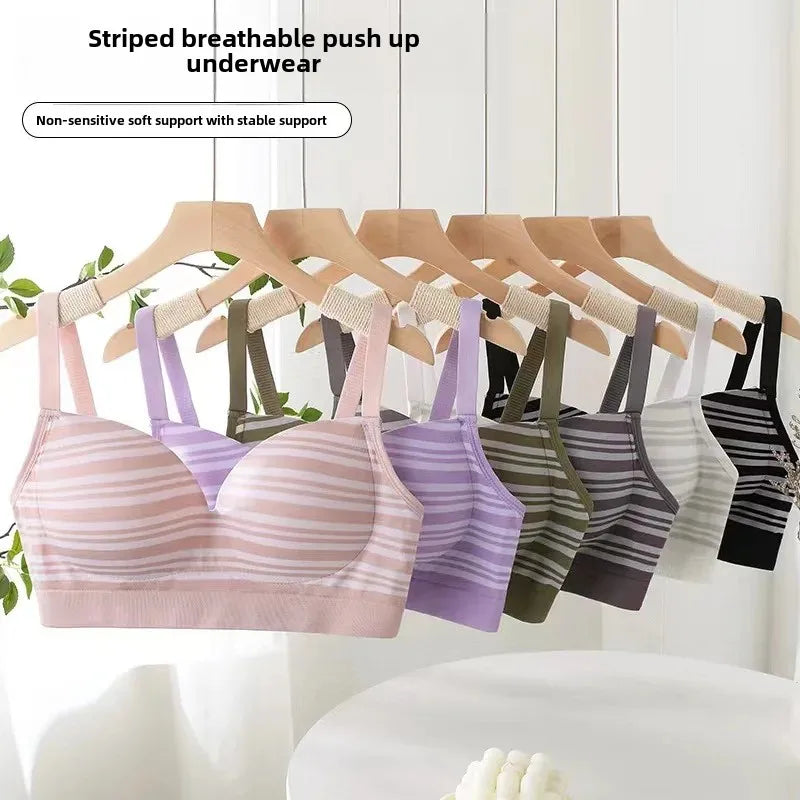 French Stripe Sexy Backless Bra And Panty Set Comfortable No Steel Ring Back Closure Wrap Chest Women's Underwear Set