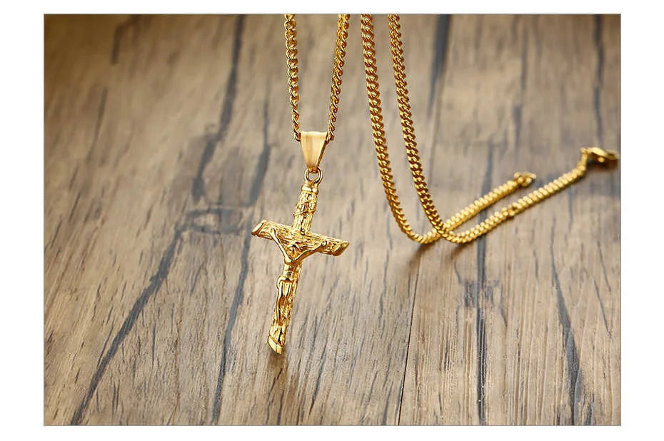 Vnox Cross Necklace for Men Women,Catholicism Jesus Pendant,Gold Color Stainless Steel Unisex Collar,Church Prayer Faith Jewelry