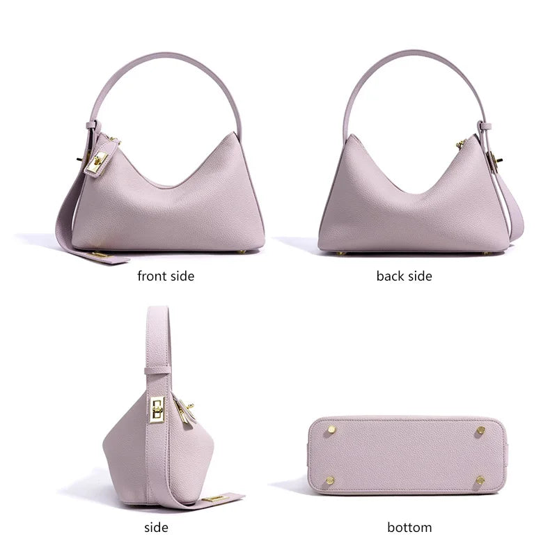 Women's Plain Color Genuine Leather Handbag Fashionable All-match Casual Versatile Trendy Single Shoulder Bag with Lock Design