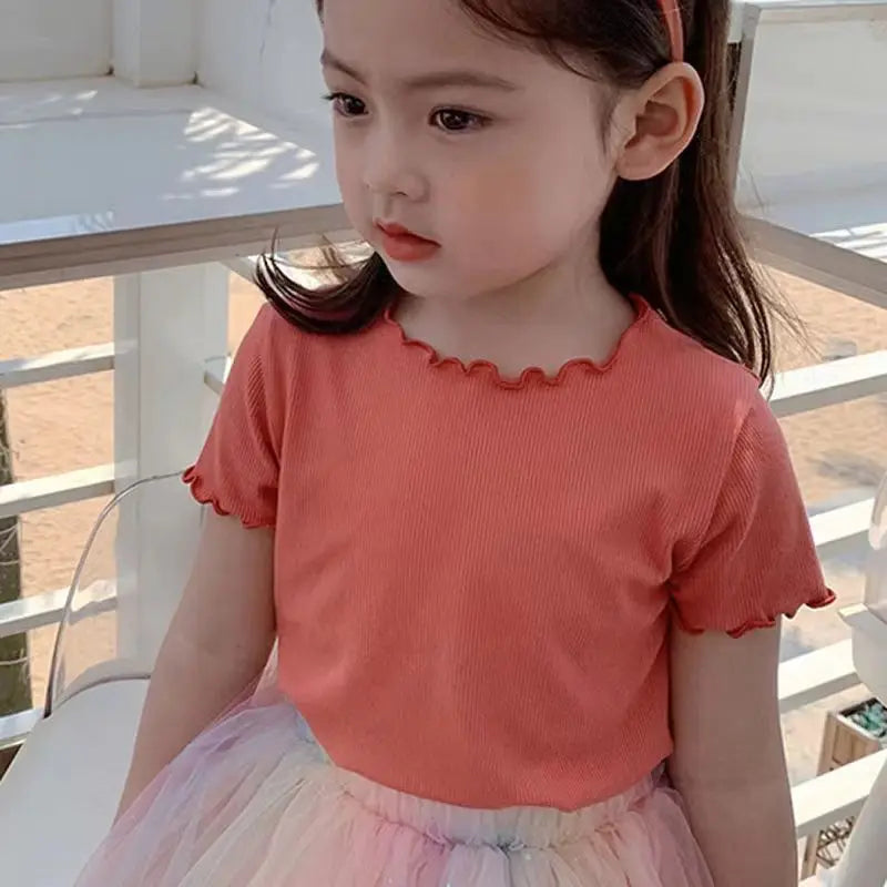 Girls Casual Ice Silk Short Sleeved T-shirt Summer Children Ear Edge Top 2-10 Years Old Girl Versatile Half Sleeved Clothes