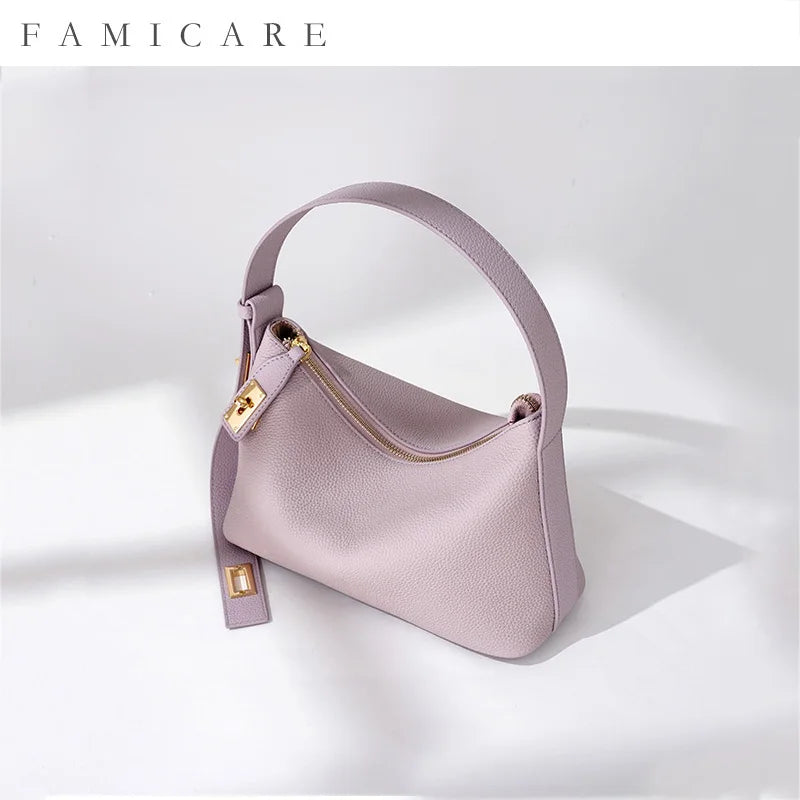 Women's Plain Color Genuine Leather Handbag Fashionable All-match Casual Versatile Trendy Single Shoulder Bag with Lock Design