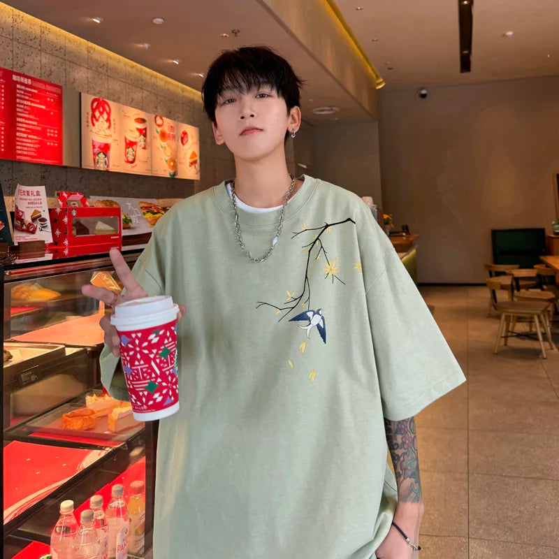 Men's Oversized T-shirts Mens Cotton T Shirt White Casual 5XL Summer Wear Fashion Bird Print Tee Shirts for Men Clothing