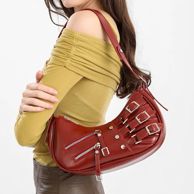 Vintage PU Leather Shoulder Bags For Women Y2K Trendy Cool American Motorcycle Bag 2025 Hot Sale Bags for Women Designer Handbag