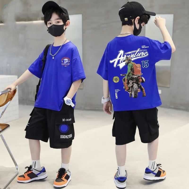 Korean Children's Clothes 2025 Boys Motorcycle Graphic T-Shirt Summer Short Sleeve 100% Cotton Loose Children Top Kids Clothes