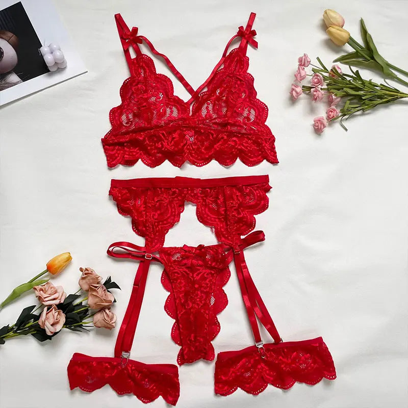 Fancy Erotic 3 Piece Luxury Underwear Erotic Lingerie Women Bra And Panty Garter Set Transparent Lace Bra Exotic Sets Sexy Kit