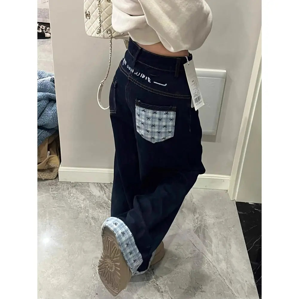 High Waist Turn-Up Wide Leg Straight Denim Pants Women Summer Japanese High Street Bow Knot Plaid Design Casual Patchwork Jeans