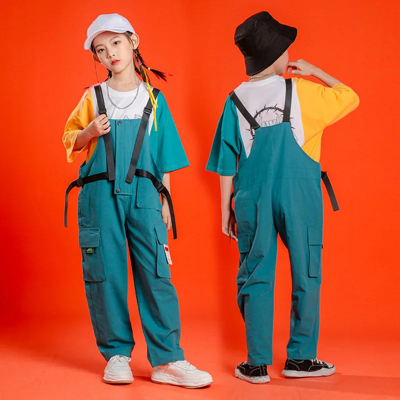 Cool T Shirt Overall Pants Kids Hip Hop Dancing Clothes Jazz Dancewear for Girls Boys Street Dance Wear Outfit Ballroom Costumes