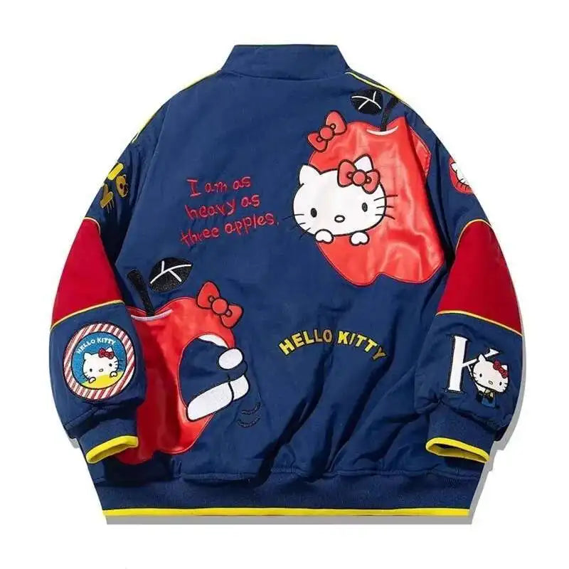 Cartoon Hellokitty Y2k Baseball Jacket Button American Retro Coats Embroidery KT Cat Harajuku Jacket Women Oversized Coat