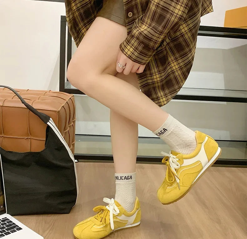 Women's Spring Summer Breathable Flat Casual Deqin Shoes Versatile Slip-On Flats Comfortable Polyurethane Outsole Striped Patter