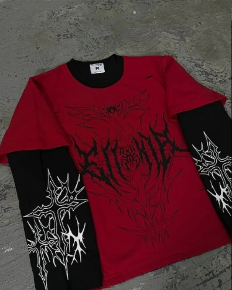 Y2k Men clothing hoodie Harajuku Fashion print long sleeve patchwork sweatshirt Retro high street trend couple loose hoodie