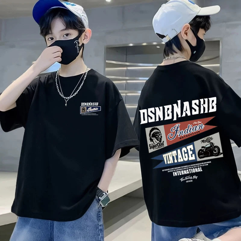 American Vintage Boys Short Sleeve Shirts Summer Boys Tees Casual 100%Cotton Children Tops Kids Clothes Printed Graphic T-shirt