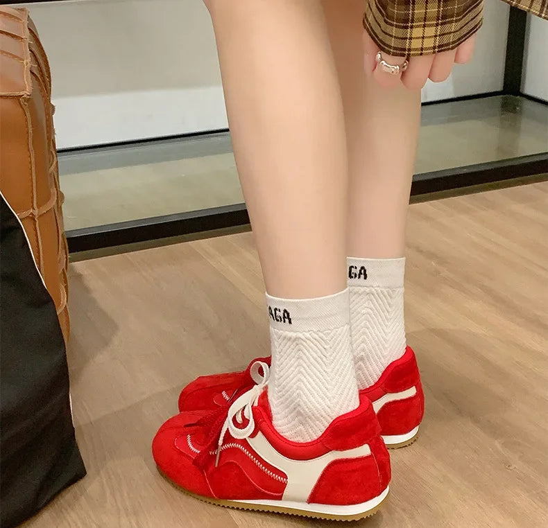 Women's Spring Summer Breathable Flat Casual Deqin Shoes Versatile Slip-On Flats Comfortable Polyurethane Outsole Striped Patter