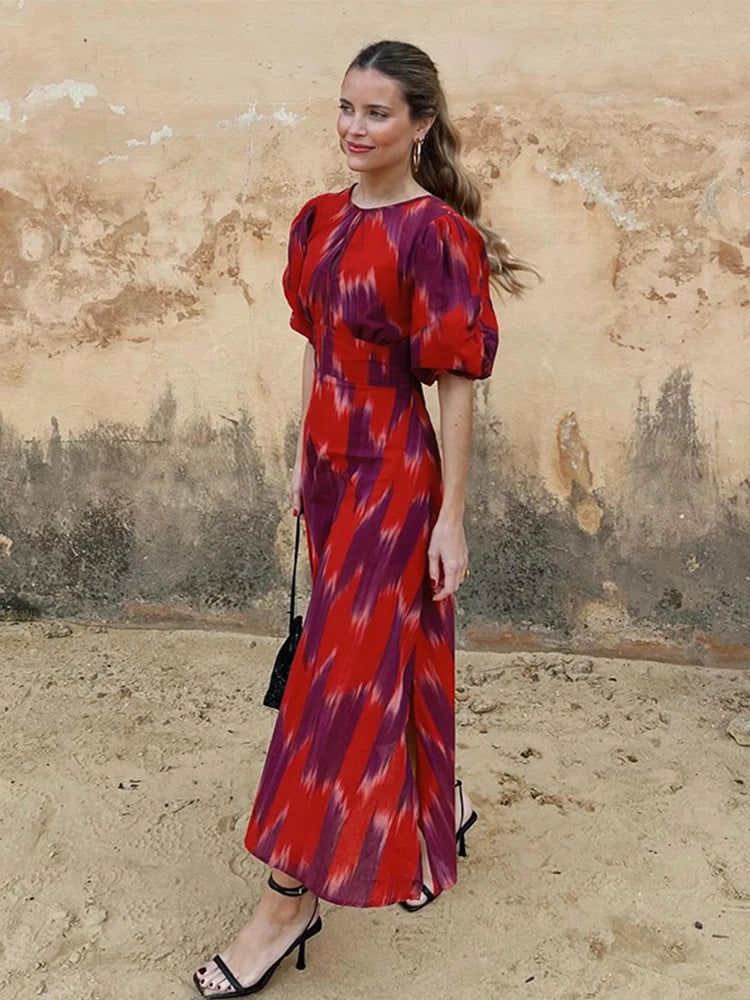 Fashion Backless Midi Dress For Women Summer Chic Print Short Puff Sleeves Split Long Dresses Female Holiday Beach Party Robe