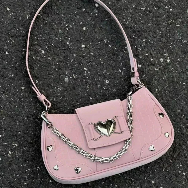 Hot Girls Y2k Handbag Women Vintage Sweet Cool Heart Chain Pink Underarm Bag Female Fairycore Aesthetic Shoulder Bag New Chain