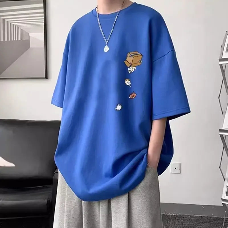 2023 Summer Men's Short Sleeve T-shirt American Style Vintage Loose Fit Student Casual Five Half Sleeve Body T-shirt