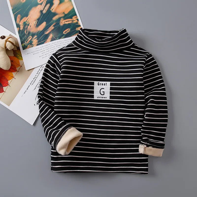 Children's Autumn Winter Fleece-Lined Sweatshirt Casual Style Middle Neck Base Layer Top Outer Wear Boys Girls Home Clothes