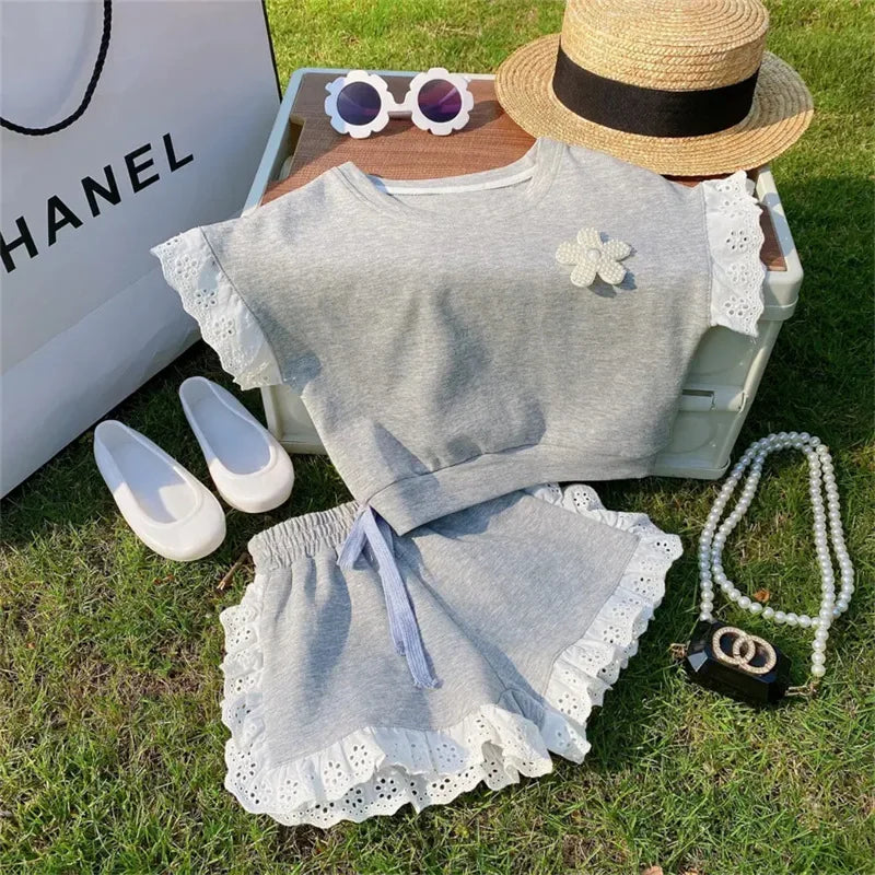 Baby Girls Clothes Summer Lace Patchwork Top & Shorts 2 Pieces Set Floral Decorated Tracksuit Kids Clothes Casual Outfit