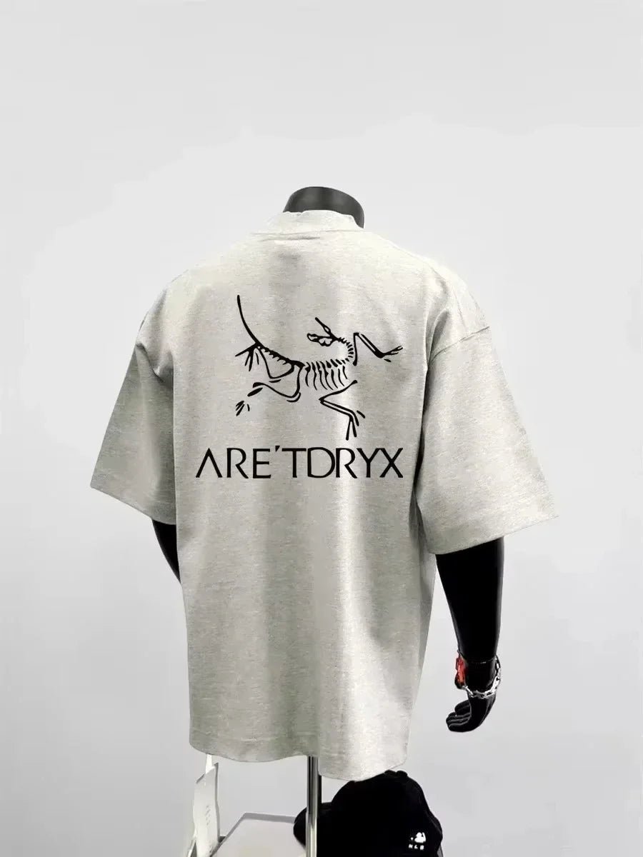 Men's Minimalist Cotton T-Shirt Skeleton Contrast Print Streetwear Top Gray Crew Neck Summer Graphic Tee