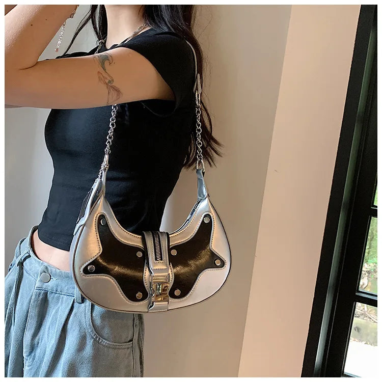 2025 New Star Moon Studded Motorcycle Bag Contrast Color Underarm Shoulder Bag Women's Edgy Crossbody Purse