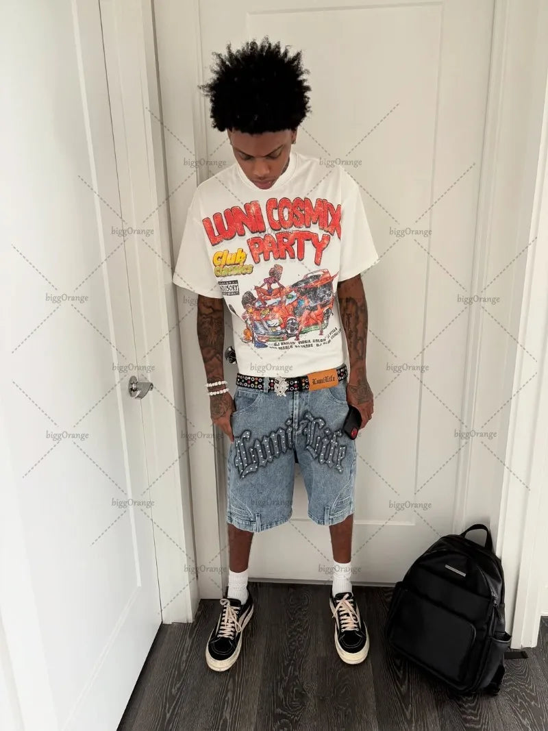 Summer Retro Letters Fashionable Loose Cotton White T-shirt Men American New Street Hip-hop Casual Oversized Short-sleeved Women