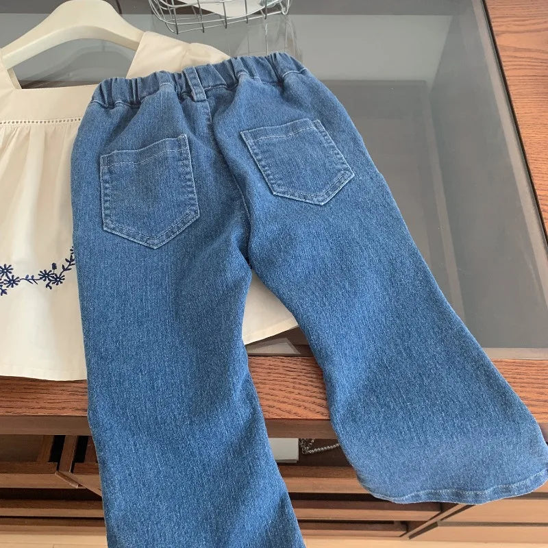 2025 Spring Girls Fashion Clothes Set 2-7 Y Children's Embroidered Square Collar Blouse and Heart Jeans 2Pcs Suit Kids Outfit