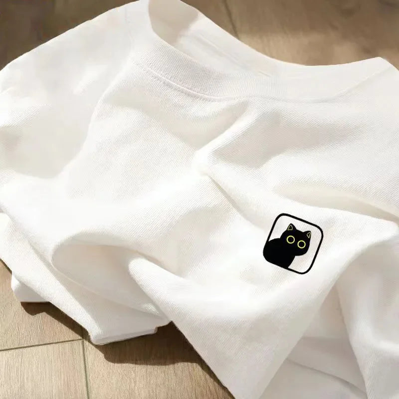 Round Neck Loose-fit Cotton T-shirt For Men Pure Trendy Brand Sports Apparel White Top Casual Couple Clothing Short Sleeves