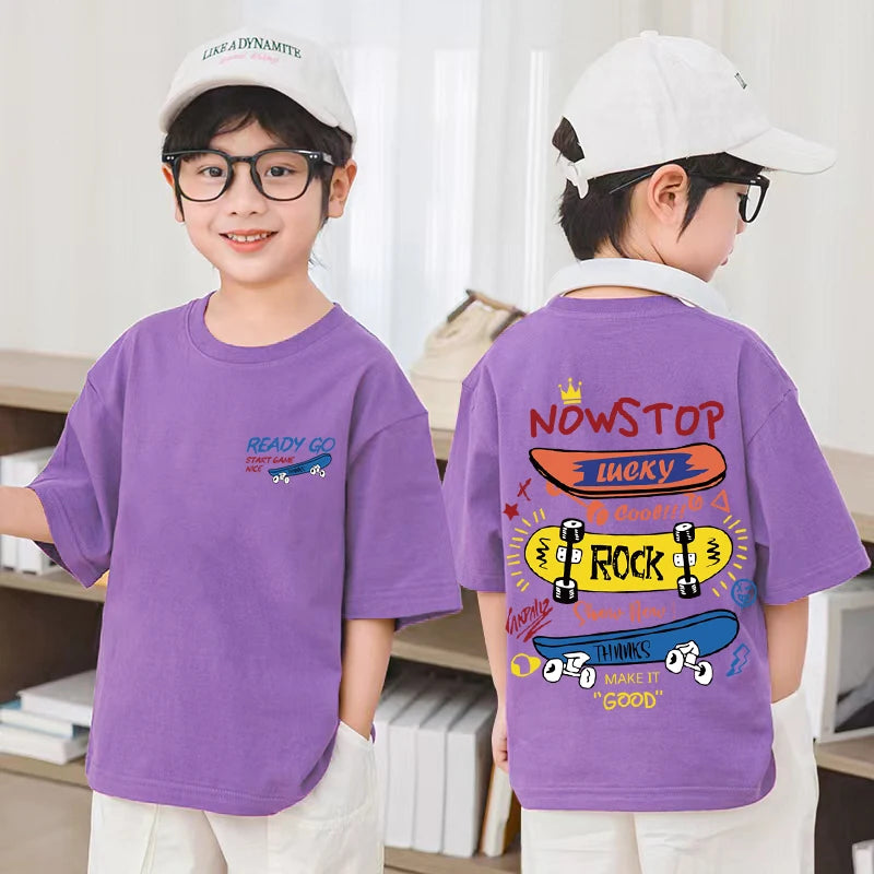 Skateboard Pattern Design Children's Tops Summer Boys Girls Short Sleeve T-shirts Cotton Korean Kids Clothes 2025 7-13Y 4-6Y