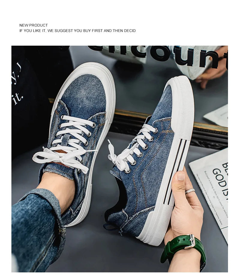 New streetwear denim sneakers men's fashion tied up runway shoes male canvas sneakers hip-hop shoes large size 47 48 boy trainer