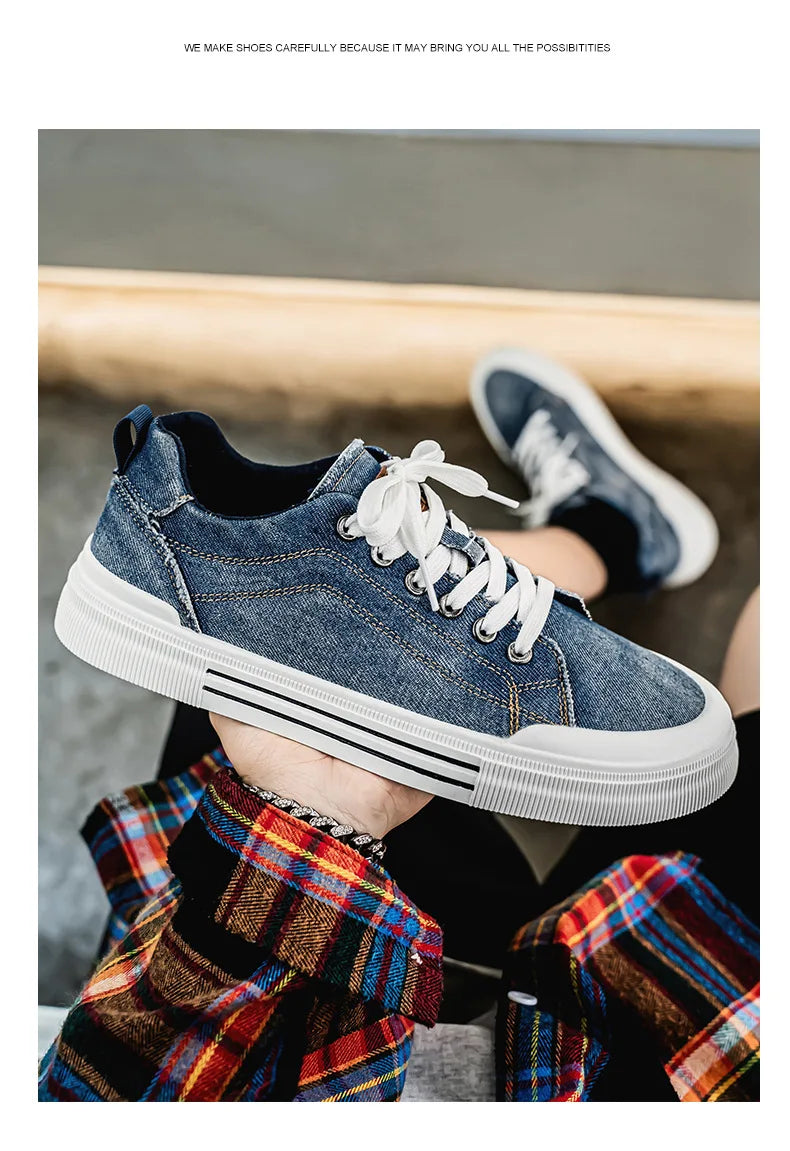 New streetwear denim sneakers men's fashion tied up runway shoes male canvas sneakers hip-hop shoes large size 47 48 boy trainer