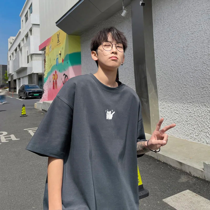 Men's Oversized T-shirts Fashion 5XL White Cotton T Shirt for Men Casual Summer Wear Funny Cat Print Tee Shirts Men Clothing