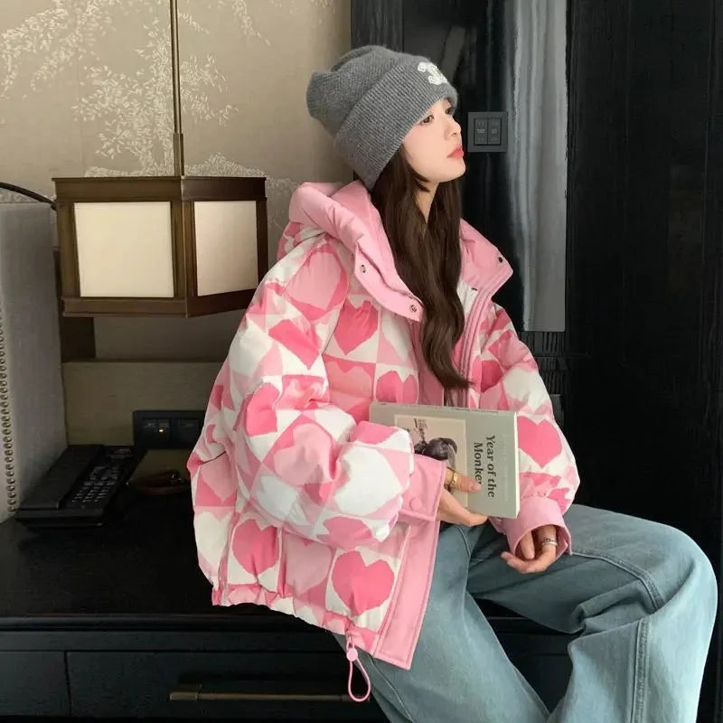 Duck Down Coat for Women, Loose and Thicken Hooded Parkas, Printed Outerwear, Female Bread Jackets, Winter Clothing, New, 2024
