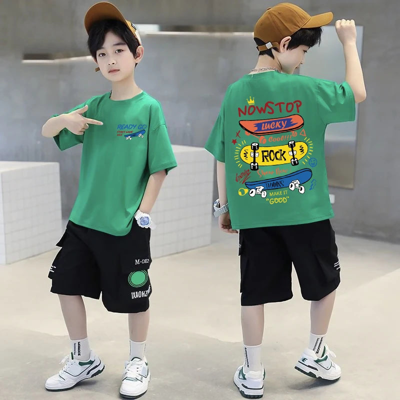 Skateboard Pattern Design Children's Tops Summer Boys Girls Short Sleeve T-shirts Cotton Korean Kids Clothes 2025 7-13Y 4-6Y