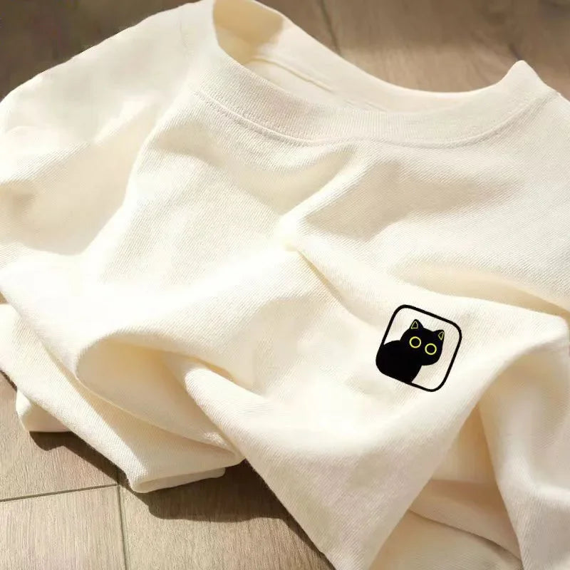 Round Neck Loose-fit Cotton T-shirt For Men Pure Trendy Brand Sports Apparel White Top Casual Couple Clothing Short Sleeves