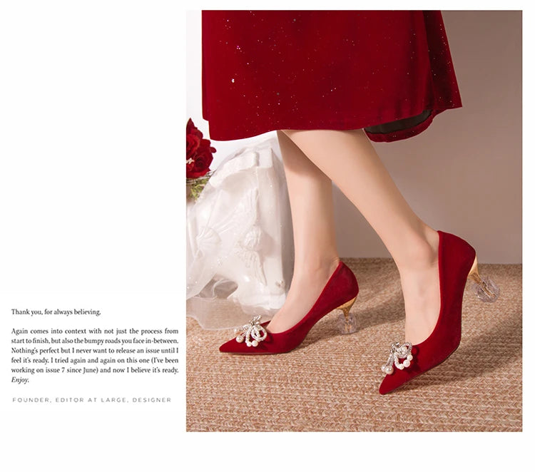Wedding shoes bride shoes women new pearl thick heel shallow mouth pointed Xiuhe main wedding dress not tired foot single shoes