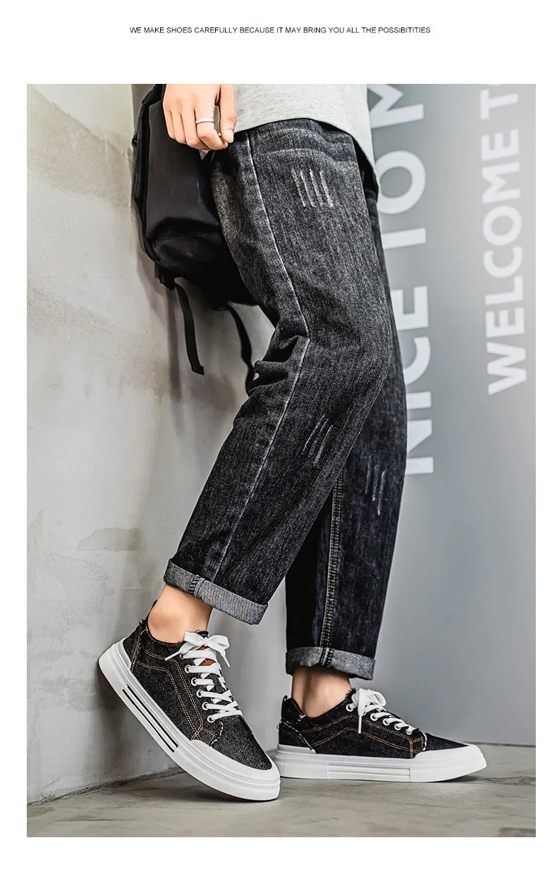 New streetwear denim sneakers men's fashion tied up runway shoes male canvas sneakers hip-hop shoes large size 47 48 boy trainer