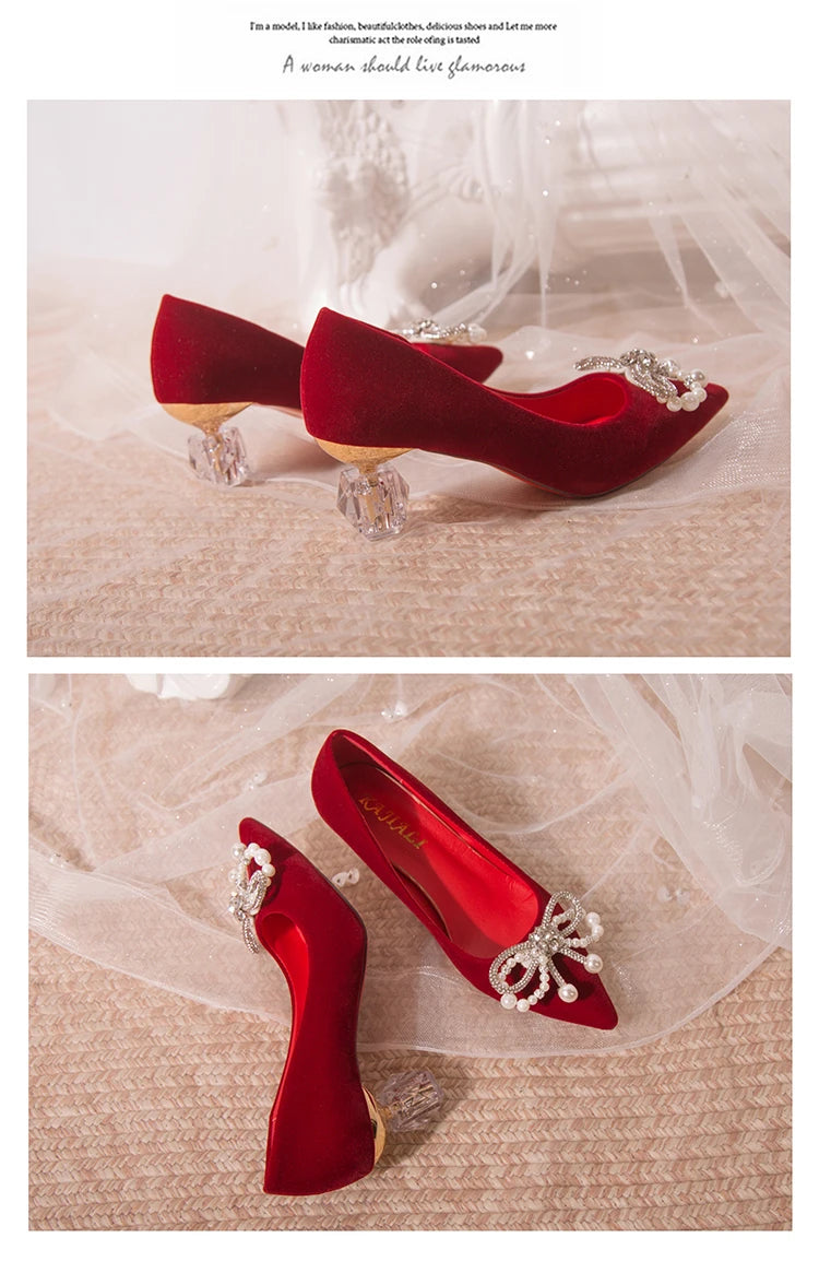 Wedding shoes bride shoes women new pearl thick heel shallow mouth pointed Xiuhe main wedding dress not tired foot single shoes