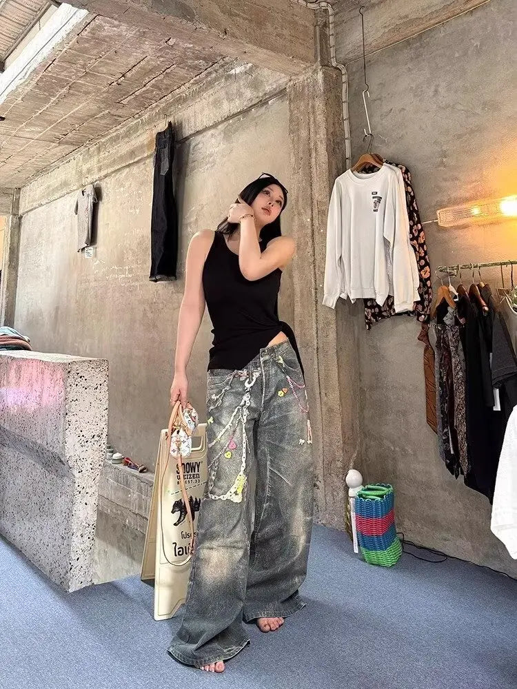 American candy chain pants hot girl digital printed jeans summer new fashionable straight floor trousers Korean style