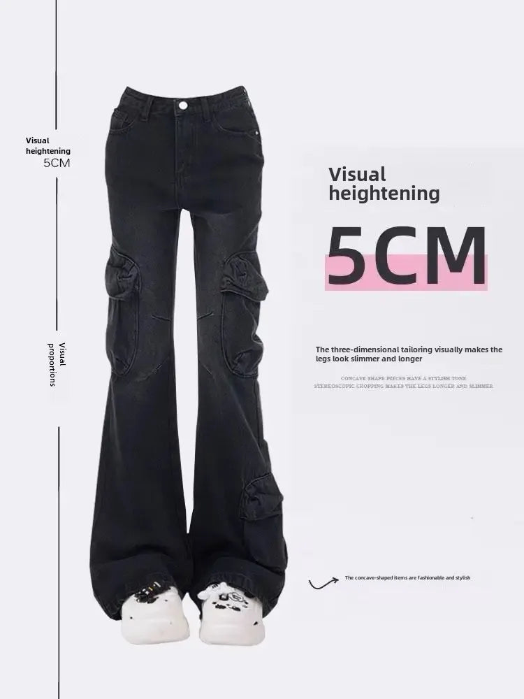 American Style Vintage Black Grey Micro Flared High Waisted Slimming Jeans For Women Trendy Niche Fashion Black Bell Bottom Trou