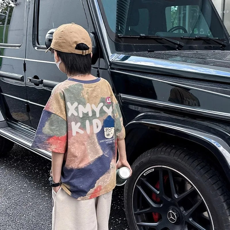 All Over Graffiti Print T-shirts for Boy Korean Children's Clothes 2025 Summer Casual Crew Neck Short Sleeve Top Streetwear Tees