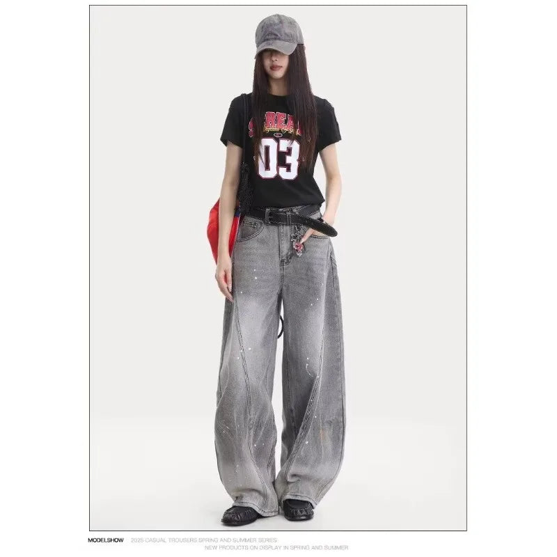 American retro washing smoke grey ink jeans scimitar straight wide-leg lazy style casual trousers Korean style