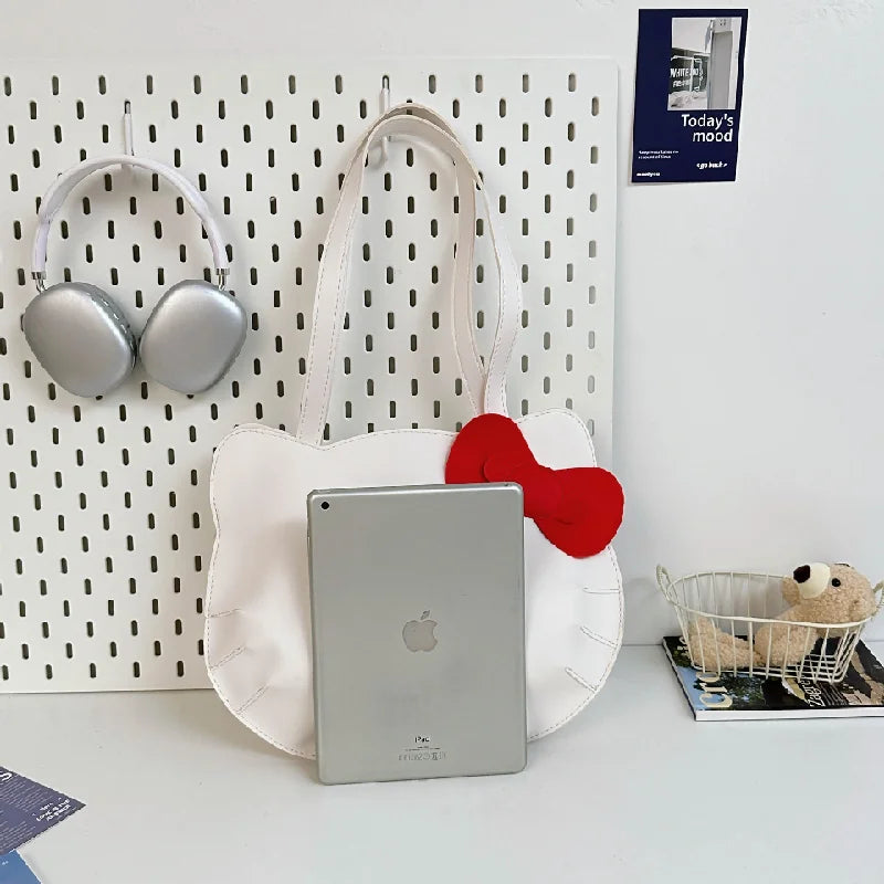 Sanrio Hello Kitty Shoulder Bags Cute Cartoon Bow Large Capacity PU Handbag Y2k Fashion Student Commuting Tote Bag for Girl Gift