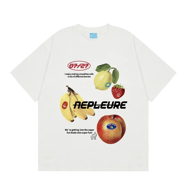 LOTDOOTN Retro American Fun Fruit Print White Short Sleeve Women T-shirts Summer Loose Pure Cotton Half Sleeve Trendy Streetwear