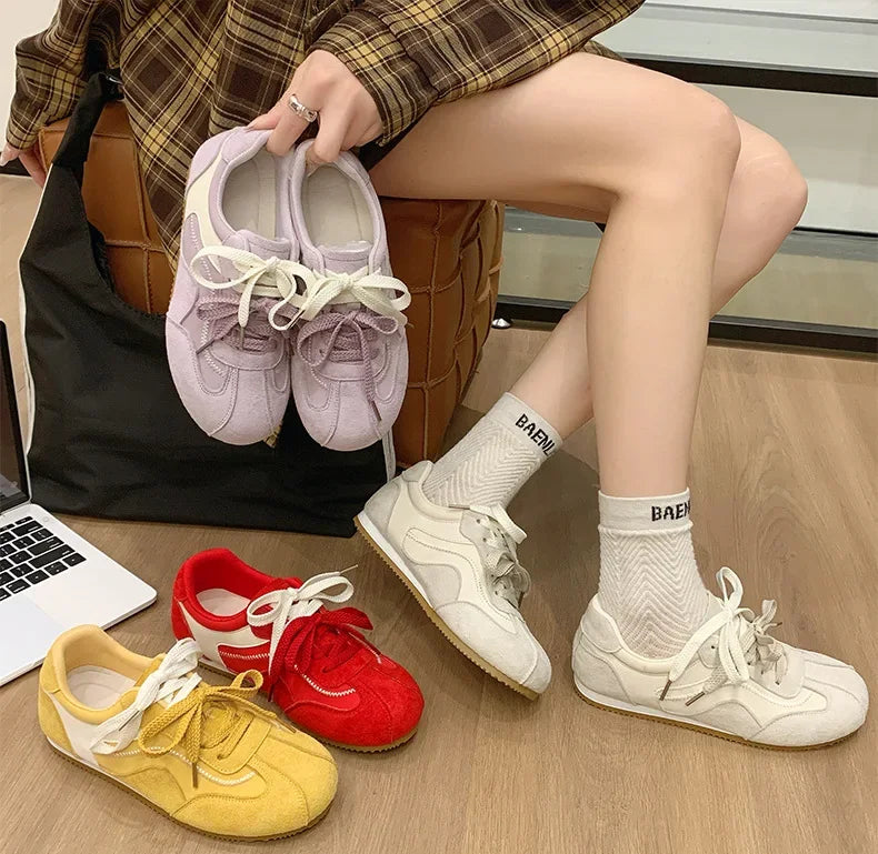 Women's Spring Summer Breathable Flat Casual Deqin Shoes Versatile Slip-On Flats Comfortable Polyurethane Outsole Striped Patter