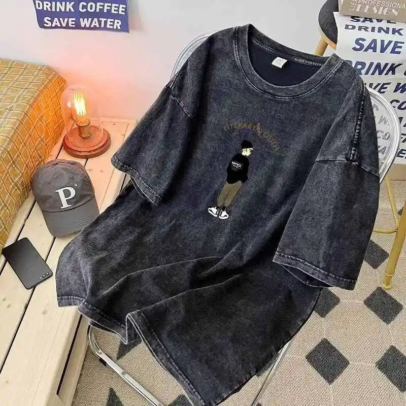 Washed Vintage American Men's And Women's Summer T-Shirts Cotton Crew Neck Breathable Comfortable Tops For Daily Wearing