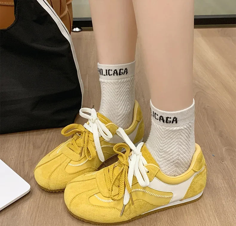 Women's Spring Summer Breathable Flat Casual Deqin Shoes Versatile Slip-On Flats Comfortable Polyurethane Outsole Striped Patter