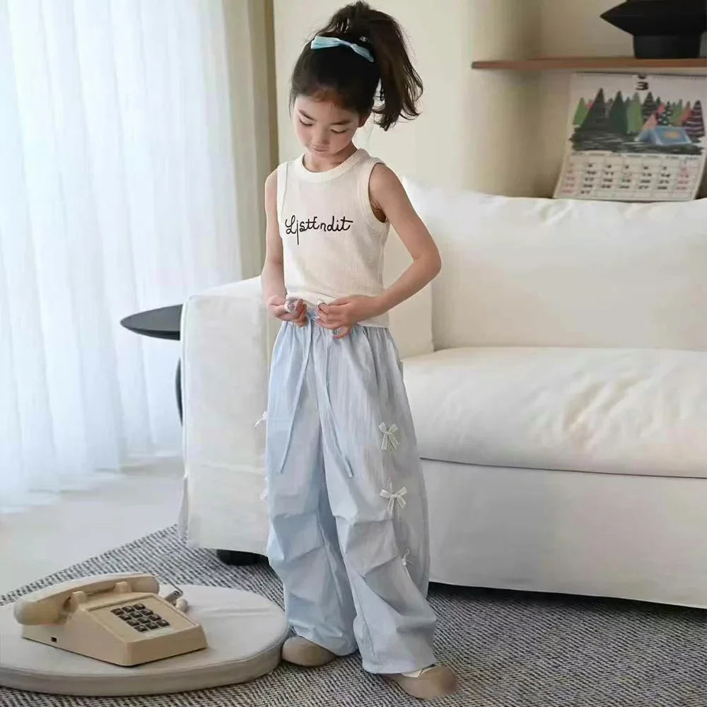 Girls Mosquito-Resistant Pants Summer New Style Dopaamine Color Butterfly Knot Lightweight Paratrooper Pants Thin Long Trousers