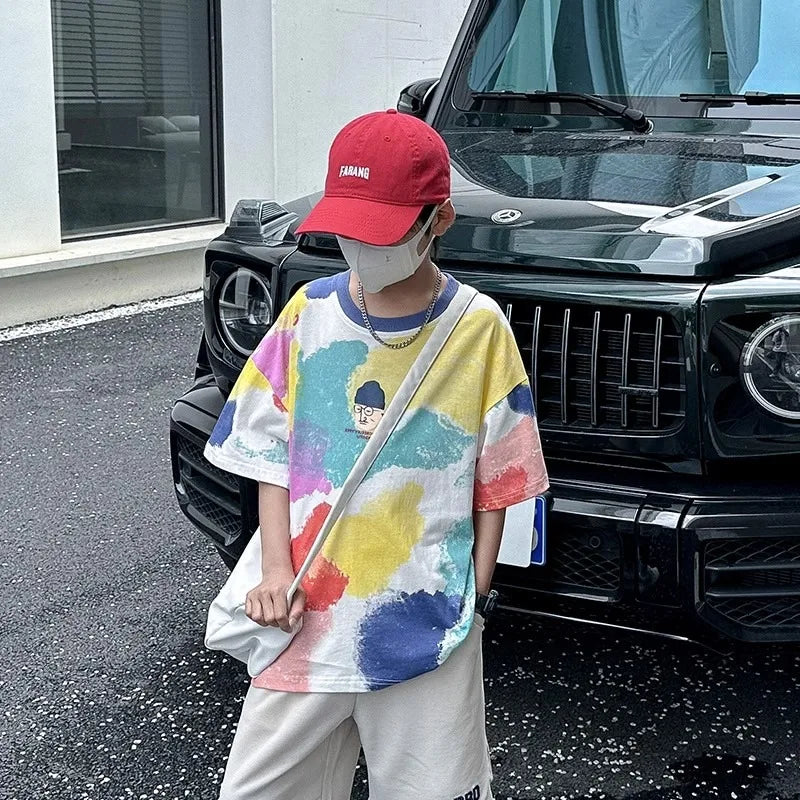 All Over Graffiti Print T-shirts for Boy Korean Children's Clothes 2025 Summer Casual Crew Neck Short Sleeve Top Streetwear Tees