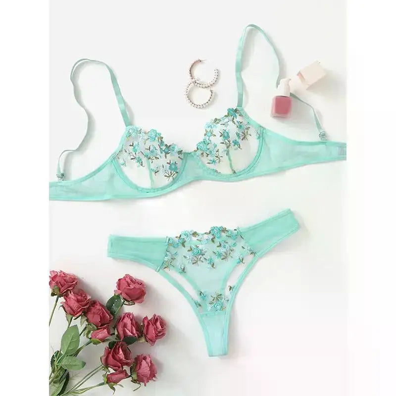Transperant Lingerie Set Women Mesh Net Sexi Lenceria Sensual Mujer Bra Sets Embroidery Floral Underwired