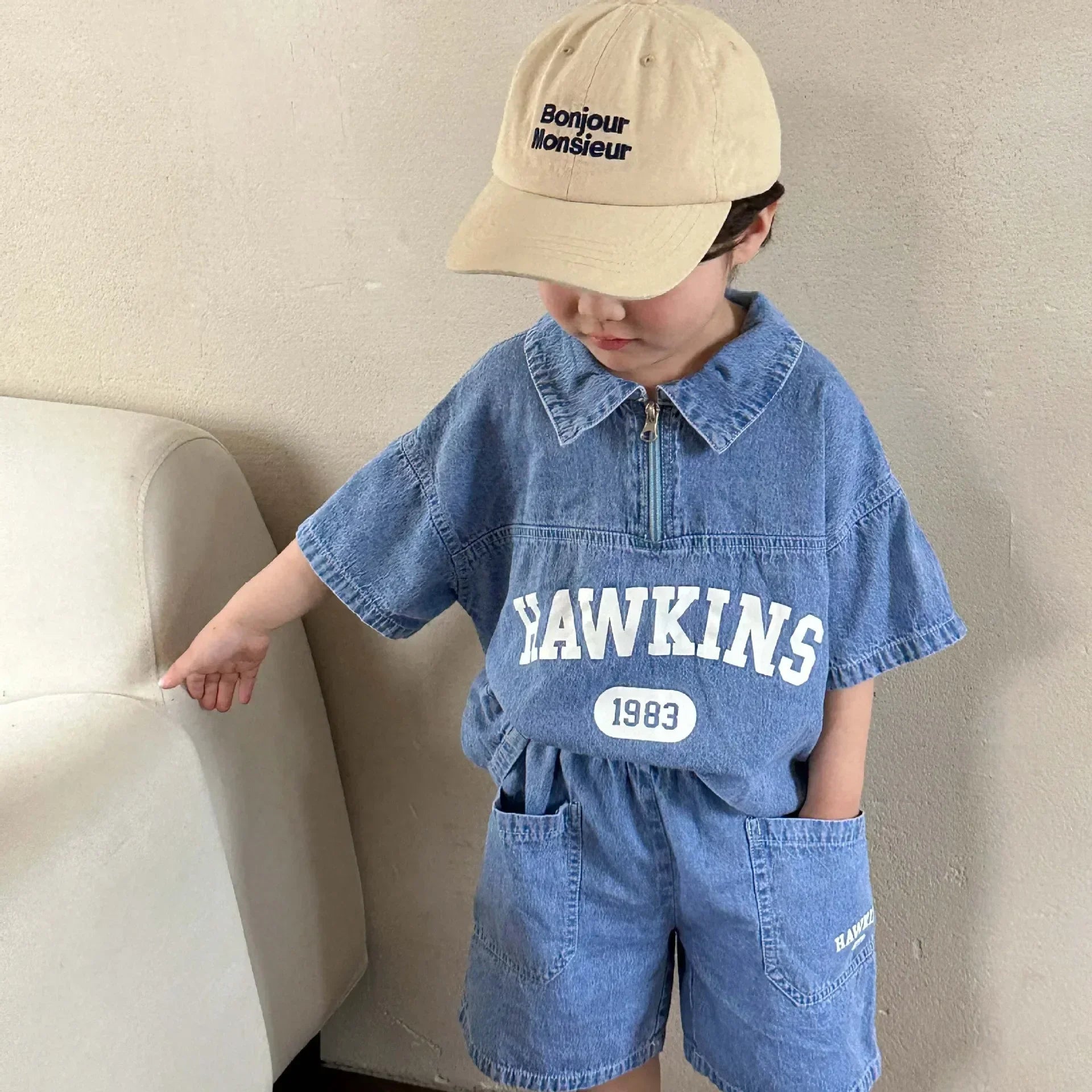 5816C  Children's Clothing Set Denim Suit 2023 Summer Casual Boy's Denim Suit Letter Print Top+ Shorts